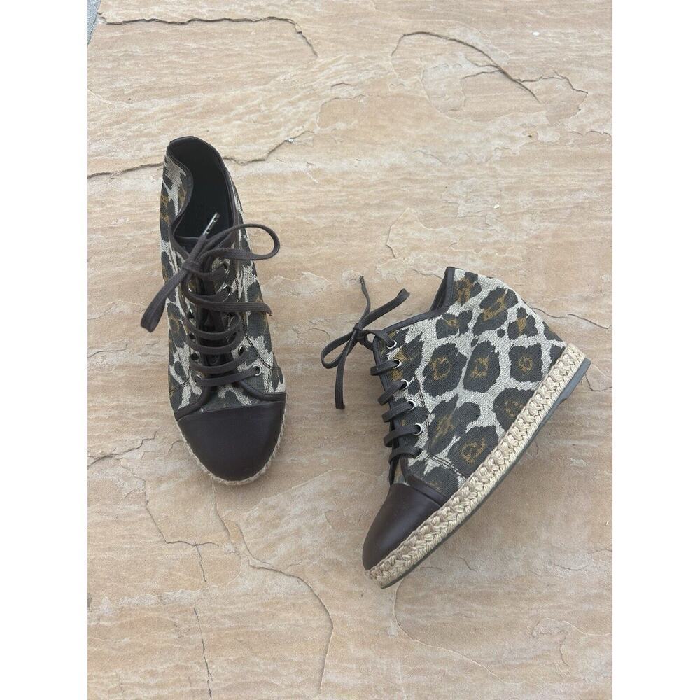 THEORY CHEETAH PRINT BROWN LEATHER ESPADRILLE WEDGE OXFORDS US 7.5 EUR 38 Rare